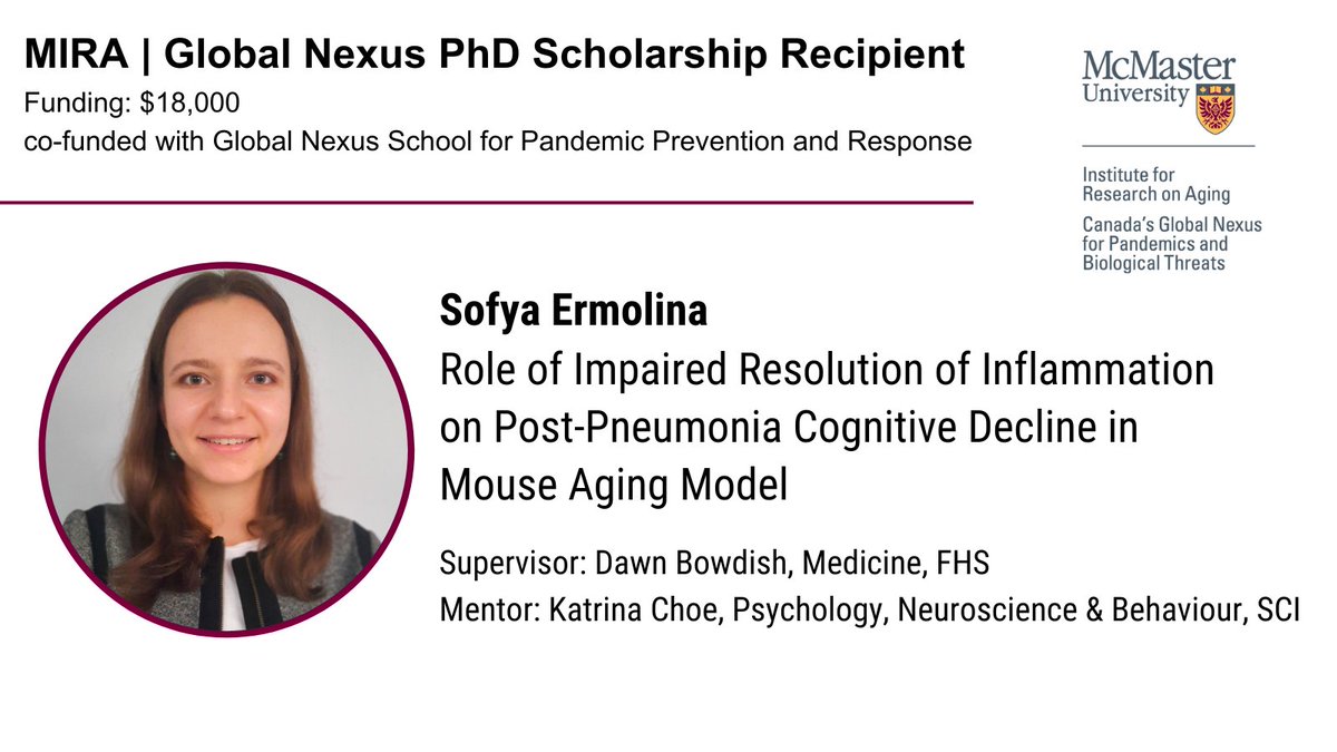 Congratulations to <a href="/SofyaErmolina/">Sofya Ermolina</a> on receiving a 2023 MIRA | <a href="/MacGlobalNexus/">Global Nexus</a> PhD Scholarship.
Sofya's research on inflammation &amp; post-pneumonia cognitive decline is supervised by <a href="/MsMacrophage/">Dawn Bowdish</a>, with mentor support from <a href="/choekatr/">Katrina Choe</a>.

To learn more: mira.mcmaster.ca/projects/role-…