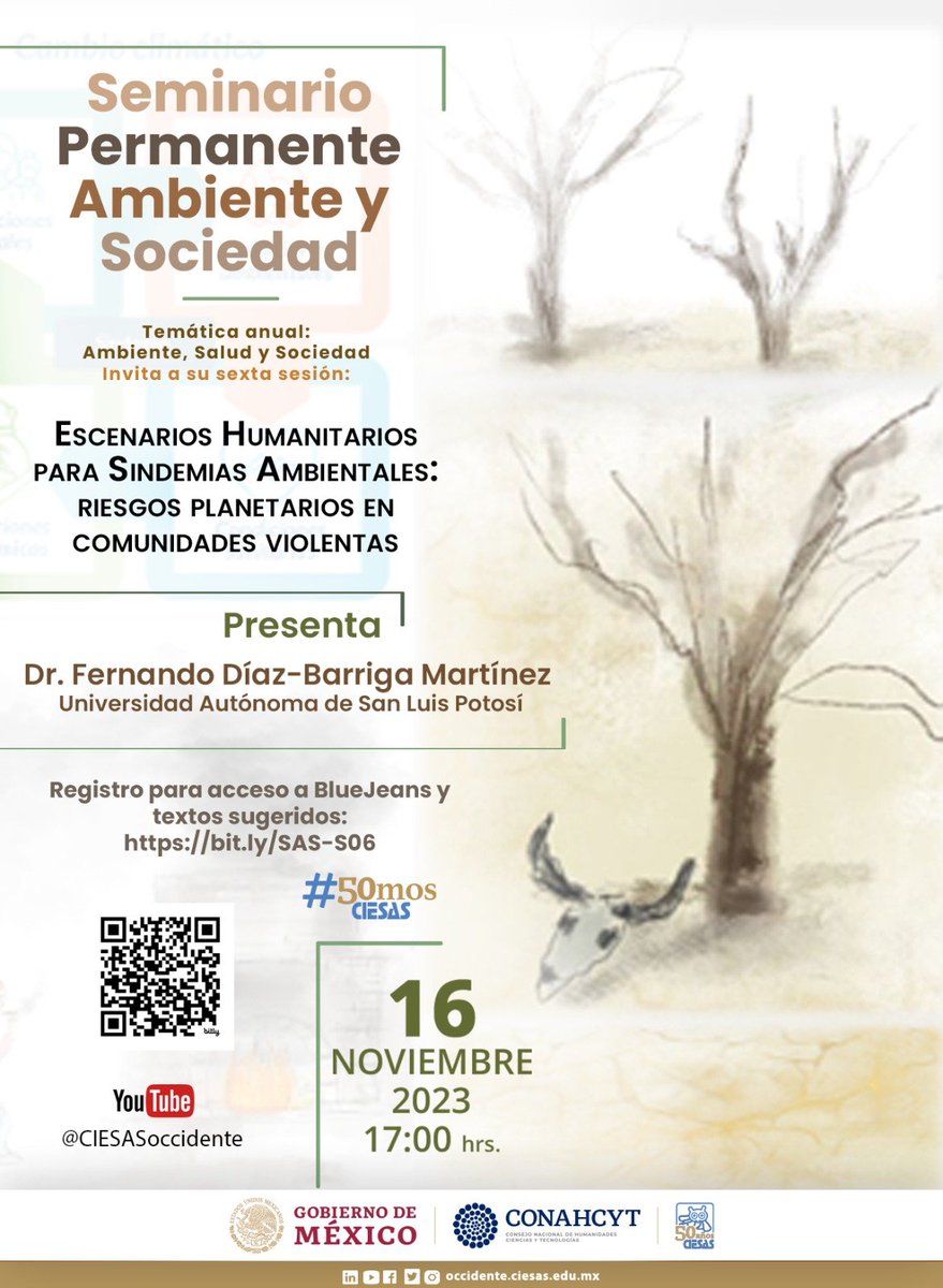 cidiglo's tweet photo. Continuamos con el Seminario Permanente Ambiente y Sociedad, con la participación de Fernando Díaz-Barriga Martínez de la @LaUASLP . El título de su presentación es “Escenarios Humanitarios para Sindemias Ambientales: riesgos planetarios en comunidades violentas”. ¡Te esperamos! https://t.co/7qj3qU25sO