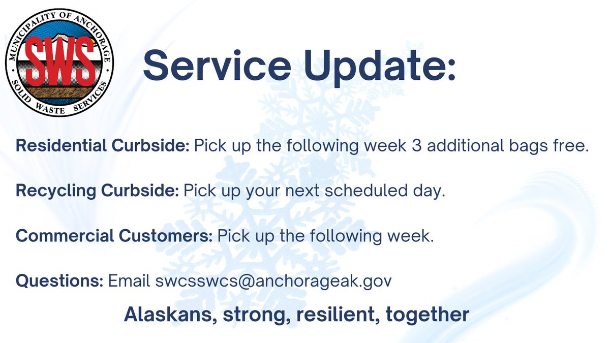 While our trucks head out daily for service, some residents and commercial accounts are inaccessible for various reasons, heavy snow laden trees block the roadway, objects or vehicles are parked too close to containers, etc. causing intermittent service. We will catch up!
