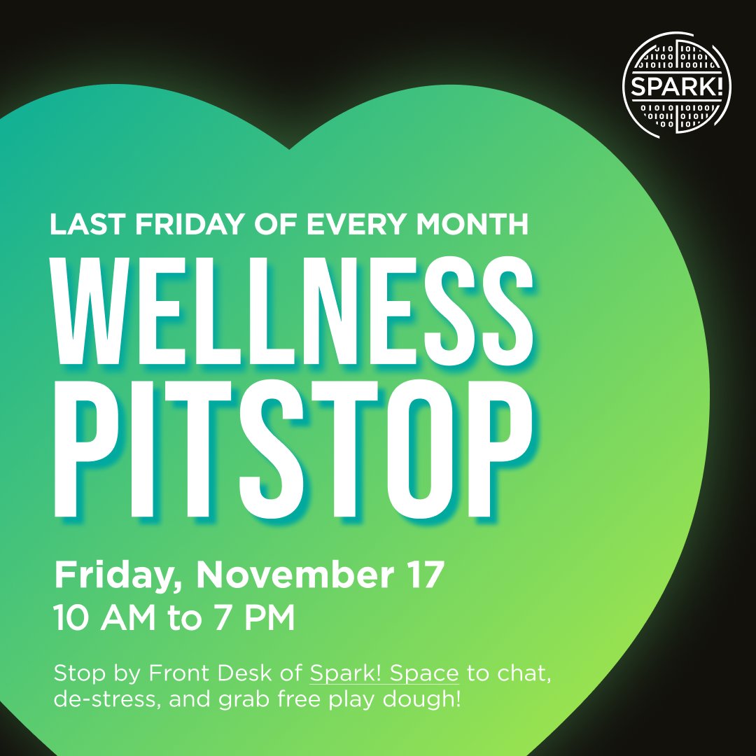 Join us this Friday, 11/17, in the Spark! Space for our monthly Wellness Pitstop! 🌟 

Visit anytime from 10 AM to 7 PM for a chat, de-stress, and free play dough. See you there! 

#WellnessPitstop #SparkCommunity