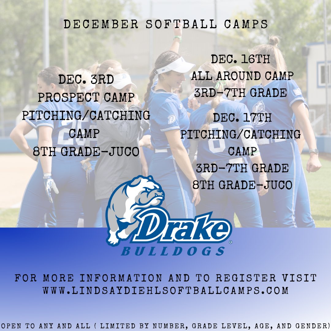 ‼️December Softball Camps ‼️

Get signed up at lindsaydiehlsoftballcamps.com

We also have our January dates posted! Hope to see you there.     

Go Dogs!
