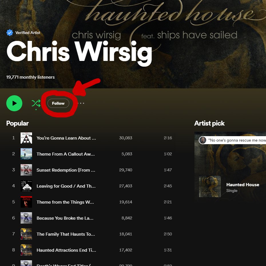 If you're using @Spotify for your music streaming, why not follow me? 😇
There's around 16 hours of music, and more coming soon...

#chriswirsig #Spotify #followmeonspotify #followmeplease #filmmusic #tvmusic #filmscore #popmusic #popsongs #instrumentalmusic #electronicmusic