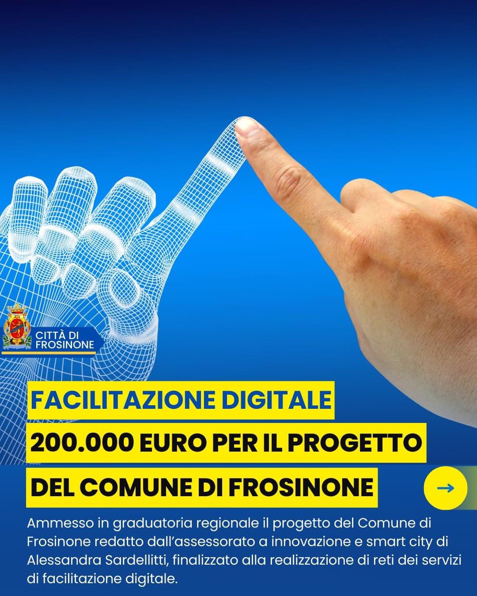 𝐅𝐀𝐂𝐈𝐋𝐈𝐓𝐀𝐙𝐈𝐎𝐍𝐄 𝐃𝐈𝐆𝐈𝐓𝐀𝐋𝐄: 200.000 euro per il progetto del Comune di Frosinone.

 #riccardomastrangelisindaco #frosinone #comunedifrosinone #cittàdifrosinone #lafrosinonedelfare

comune.frosinone.it/archivio3_noti…