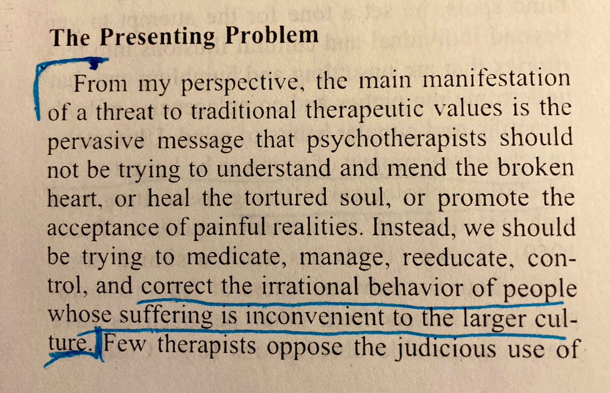 drglennsullivan's tweet image. Intro to Psychotherapy, Session 31

Nancy McWilliams (again): Should psychotherapy be about healing souls or about correcting the “behavior of people whose suffering is inconvenient to the larger culture”?