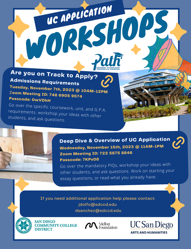 sdccdpath's tweet image. Join us today at 11am-1pm
for an overview of UCSD&apos;s colleges
and UC application Q&amp;amp;A