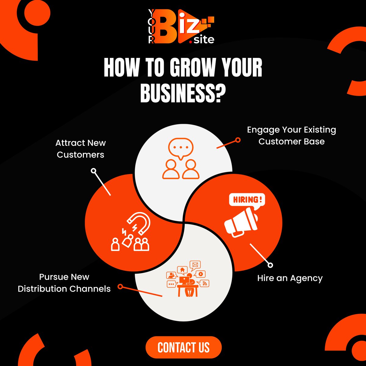 How to Grow Your Business?
1. Attract New Customers.
2. Engage Your Existing Customer Base.
3. Pursue New Distribution Channels.
4. Hire an Agency.

Contact us today! contact@yourbiz.site

#contentideas #contenttips #contenttip #instagramcontent #contentmarketing