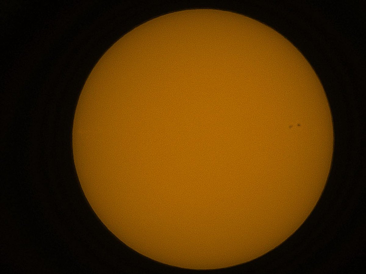 Nancy Atkinson (@nancy_a) on Twitter photo The Sun today, just a few moments ago as seen by the
<a href="/Unistellar/">Unistellar</a> Equinox2 with a solar filter. A sunspot group can be seen near the right limb; the Sun's granulation —or the bubble-like features --are also visible across the entire surface. The Sun today, just a few moments ago as seen by the
<a href="/Unistellar/">Unistellar</a> Equinox2 with a solar filter. A sunspot group can be seen near the right limb; the Sun's granulation —or the bubble-like features --are also visible across the entire surface.