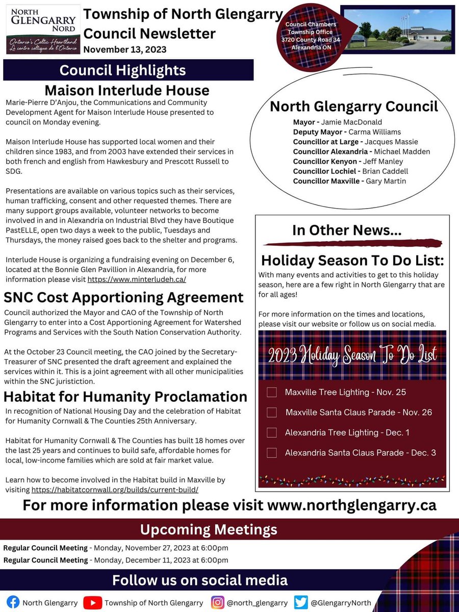 📣North Glengarry!

Check out our Council Newsletter, capturing some of the highlights from Monday's meeting, you can also find it on our website:

northglengarry.ca/en/town-hall/r…

#ontarioscelticheartland #ngcomefindus #gnveneznoustrouver #newsletter #councilmeeting