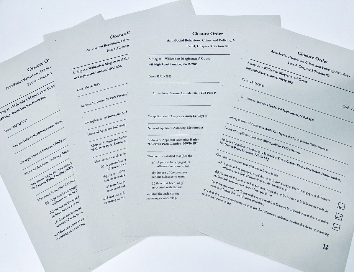MPSHarlesden's tweet image. #HarlesdenTCT were successful at court today, satisfying the judge the need for 3 month #ClosureOrder extensions on 4 premises, already subject to a current closure in Park Parade &amp;amp; High Street. This continued power is essential in preventing #ASB &amp;amp; #Criminality in #Harlesden
