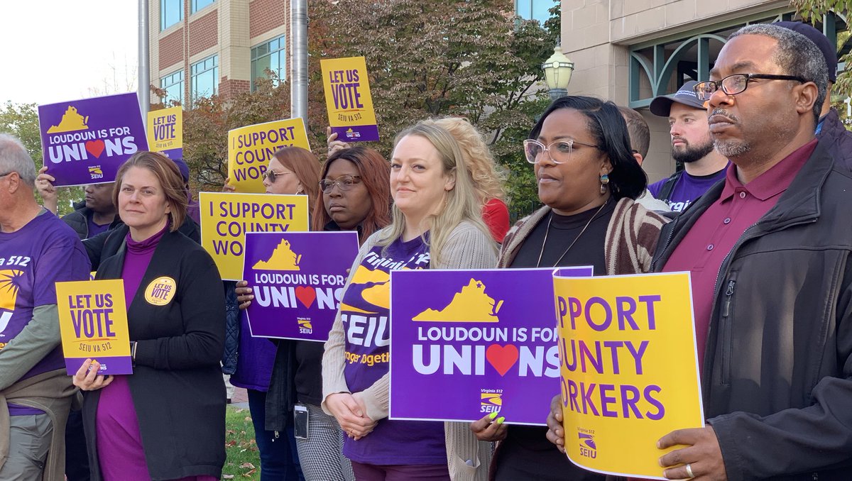 Frontline union workers and community members from @ATULocal689 @LoudounEA @IBEW @NewVAMajority and Interfaith Bridges are here with the essential workers that make our community work! Our message is clear: #LetUsVote for our seat at the table! #UnionsForAll