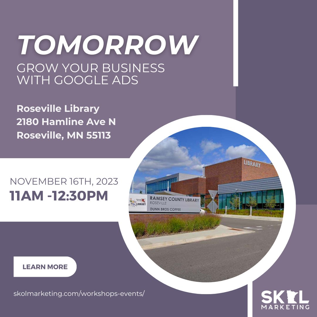 SkolMarketing's tweet image. Join us TOMORROW at the Roseville Library for an exclusive in-person workshop! 

📅 Thur, Nov 16, 11:00 am - 12:30 pm

See you there! 🌐💼 

#DigitalMarketingWorkshop #SearchEngineSuccess