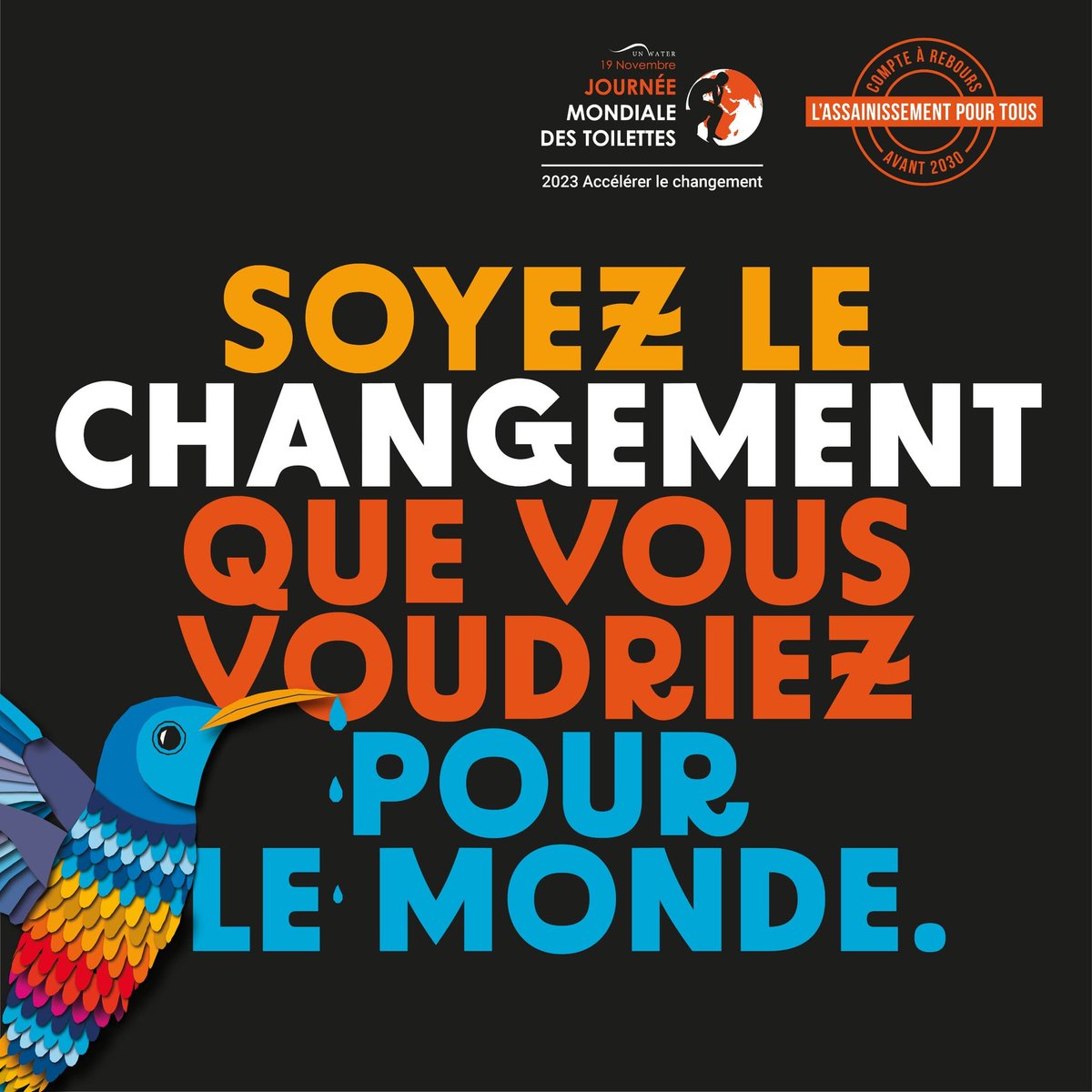 Vos actions, quelles qu’elles soient, peuvent aider à résoudre la crise de l’assainissement:  

La place des déchets n'est pas dans les toilettes. Mettez les dans la poubelle !

#JournéeMondialeDesToilettes
#USAV