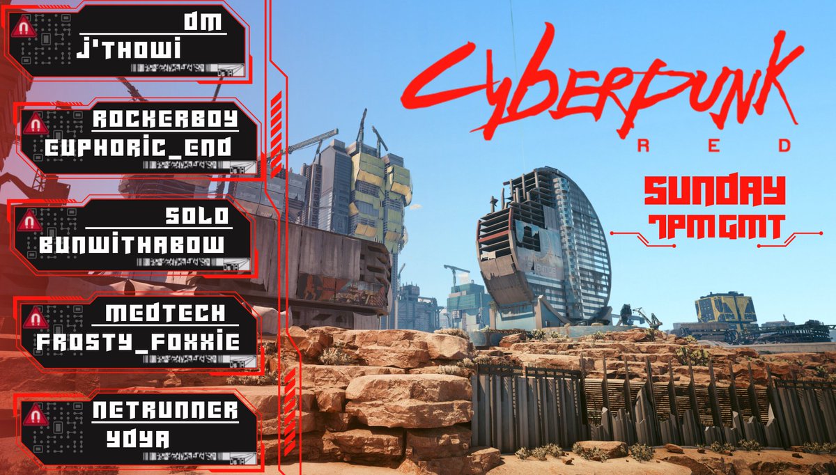 JThowi_'s tweet image. UPLINK_CONNECT....... CONNECTED
INITIALIZING CYBPNK_RED.exe
=========================================  
Proud to announce that I am officially starting a Bi-Weekly Cyberpunk Red starting this Sunday at 7pm GMT. Join me in NightCity at teh times of red Chooms  #cyberpunkRed #TTRPG