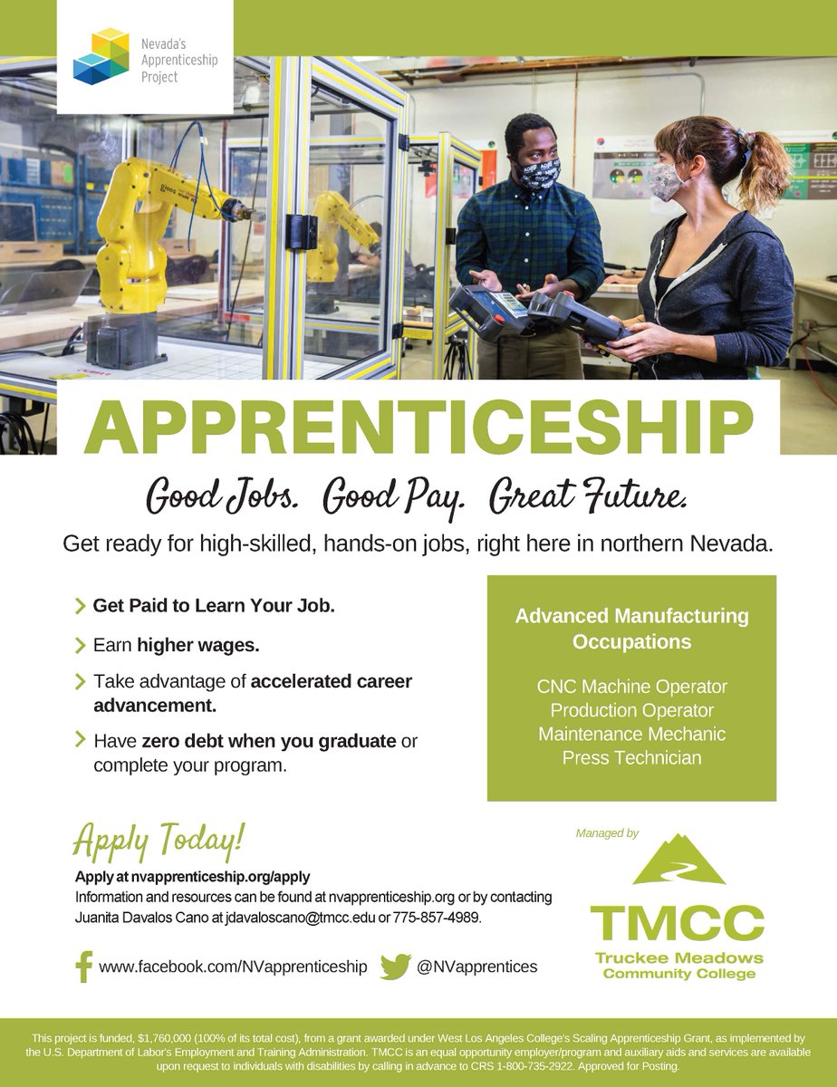 NVapprentices's tweet photo. It's National Apprenticeship Week! At TMCC we are excited to continue providing apprenticeship programs to our local Advanced Manufacturing Community!  Take a look at our website and reach out with any questions! https://t.co/8vptZGMobe
#NAW2023 https://t.co/AJbubsooUY