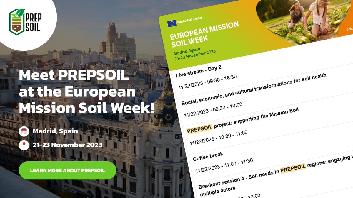 prepsoil's tweet photo. 🚀Less than a week to the European Mission #Soil Week in Madrid!
On 22 November, PREPSOIL will hold a plenary session "Supporting the #MissionSoil", followed by breakout sessions around the #soilneeds in the PREPSOIL regions 🌿
Discover more 👉 https://t.co/0PfAg3UDXi https://t.co/HMh3AMNaJy