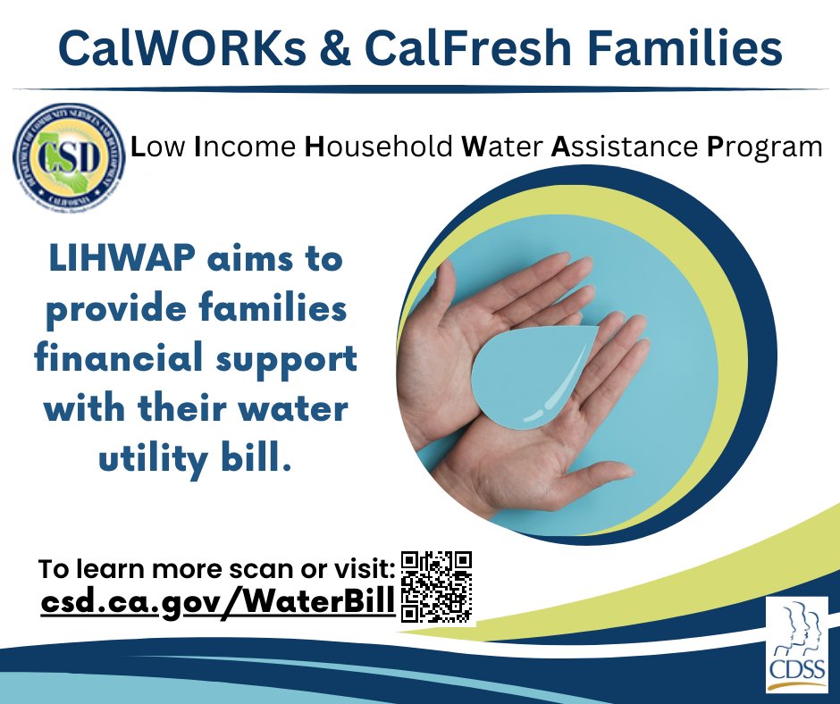 CaliforniaDSS's tweet image. Hey CalWORKs + CalFresh families: Behind on your water and sewer bills? Get help through the California Low Income Household Water Assistance Program. Learn more and apply at csd.ca.gov/WaterBill #CSD #LIHWAP