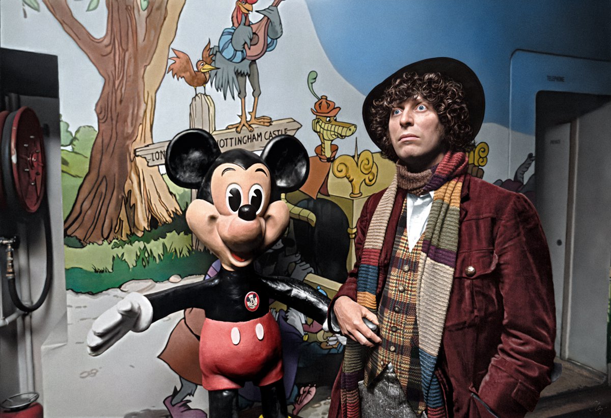 claytonhickman's tweet image. New photo colourisation and restoration for you - the original unholy union of Disney and #DoctorWho as Tom Baker takes the hand of The Mouse™ on Sunday 3rd August 1975 in the Odeon ‘Disney Cinema’, St Martin’s Lane, London, during filming of his links for ‘Disney Time’.