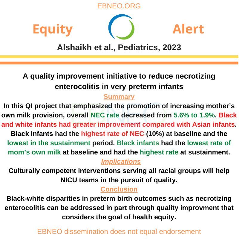 In this @aap_peds paper, NEC decreased through quality improvement, a key strategy was to increase mom's own milk provision. Decrease in NEC was sustained in particular for Black infants. buff.ly/47xMael #ebneoalerts #equity4babies #EBNEOEquityAlerts #neotwitter #neoEBM