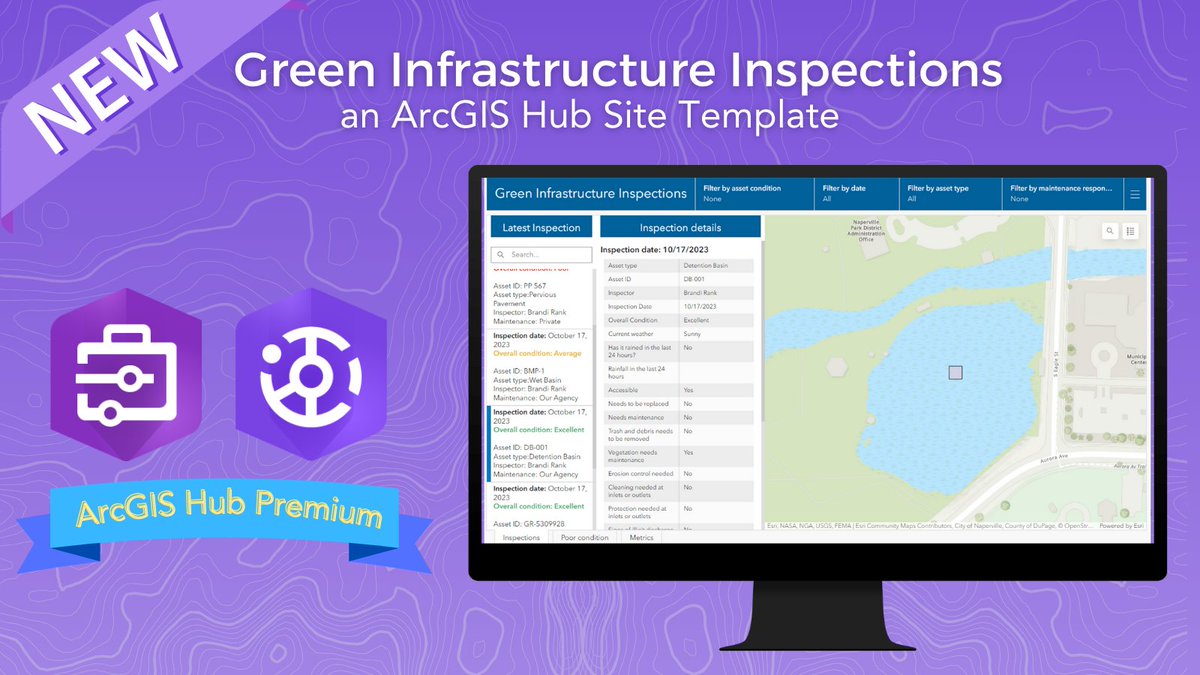 ArcGISHub's tweet image. The #ArcGISSolutions November 2023 release includes a new #ArcGISHub -site template: Green Infrastructure Inspections. This solution is used to streamline inspections to ensure stormwater runoff is being managed effectively.  

Learn more ➡️ esri.social/Ueon50Q7CBk