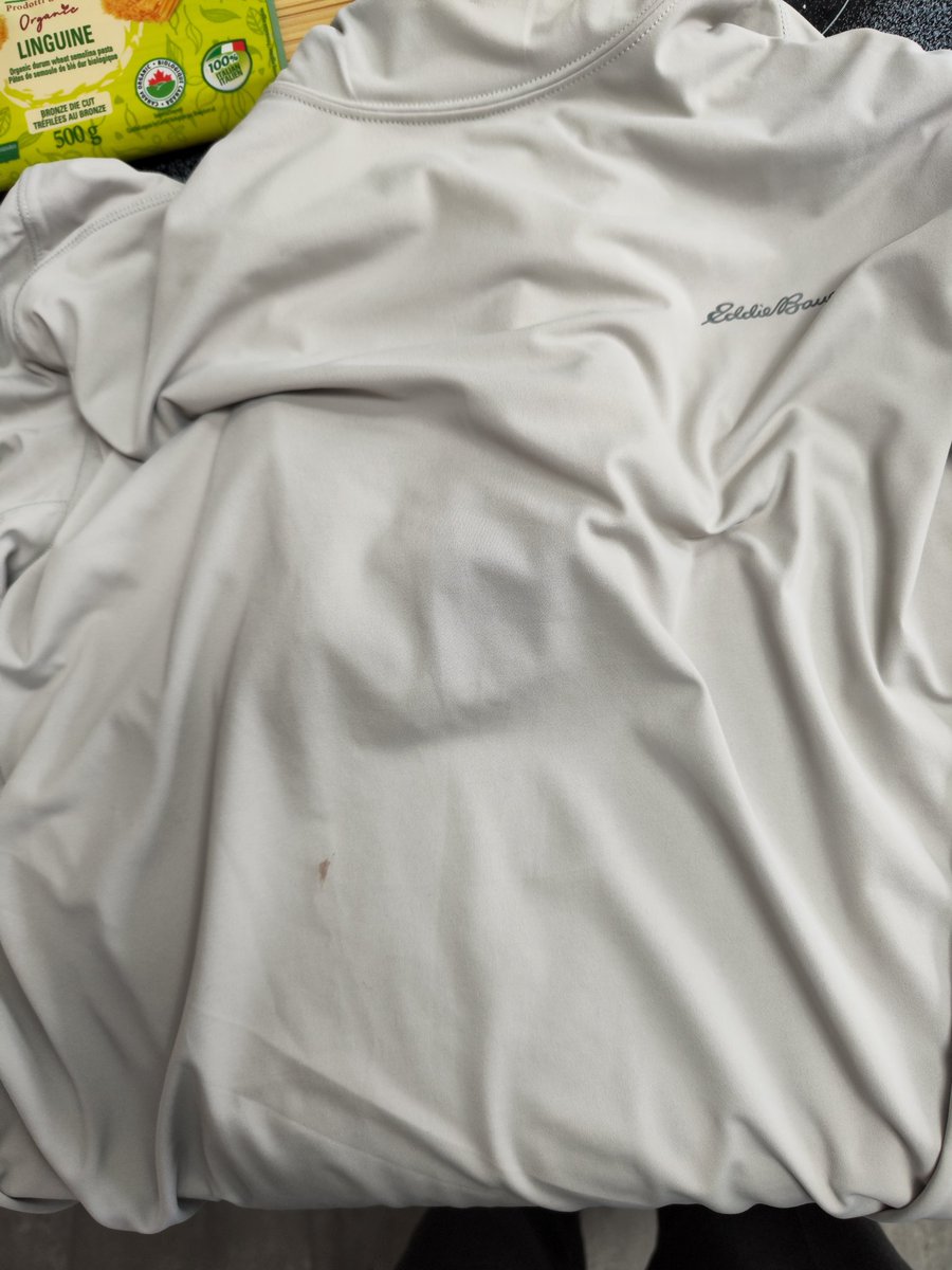 Evan_Perry's tweet photo. Looks like my first and last order with @eddiebauer Canada when item received with stain on it and they require me to pay $10 to ship it back https://t.co/cDjV46Wmg3