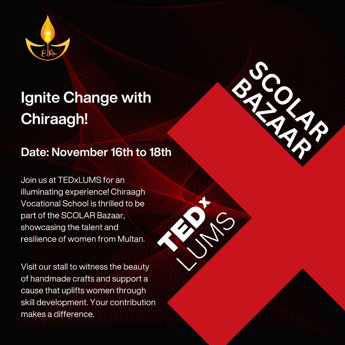 ChiraaghPak's tweet photo. #Chiraagh Shines at SCOLAR Bazaar x TEDXLUMS!

Visit our stall to witness the beauty of handmade crafts and support a cause that uplifts women through skill development. Your contribution makes a difference.

#ChiraaghAtTEDxLUMS #EmpowerWithSkills #SCOLARBazaar https://t.co/VmvUguXpYC
