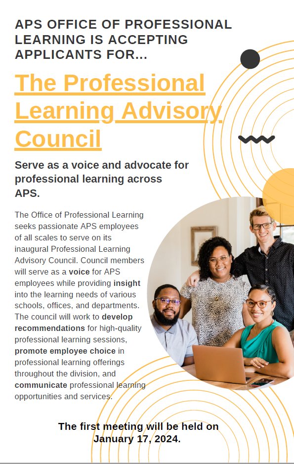 APS Professional Learning (@apslearns) on Twitter photo We are seeking APS employees of ALL scales to serve on the inaugural Professional Learning Advisory Council. Apply today to serve as a voice in shaping PL across the division. Deadline to submit an application is November 30th. <a href="/APSVirginia/">Arlington Public Schools</a> <a href="/APSVaSchoolBd/">APS School Board</a>
docs.google.com/forms/d/e/1FAI… We are seeking APS employees of ALL scales to serve on the inaugural Professional Learning Advisory Council. Apply today to serve as a voice in shaping PL across the division. Deadline to submit an application is November 30th. <a href="/APSVirginia/">Arlington Public Schools</a> <a href="/APSVaSchoolBd/">APS School Board</a>
docs.google.com/forms/d/e/1FAI…