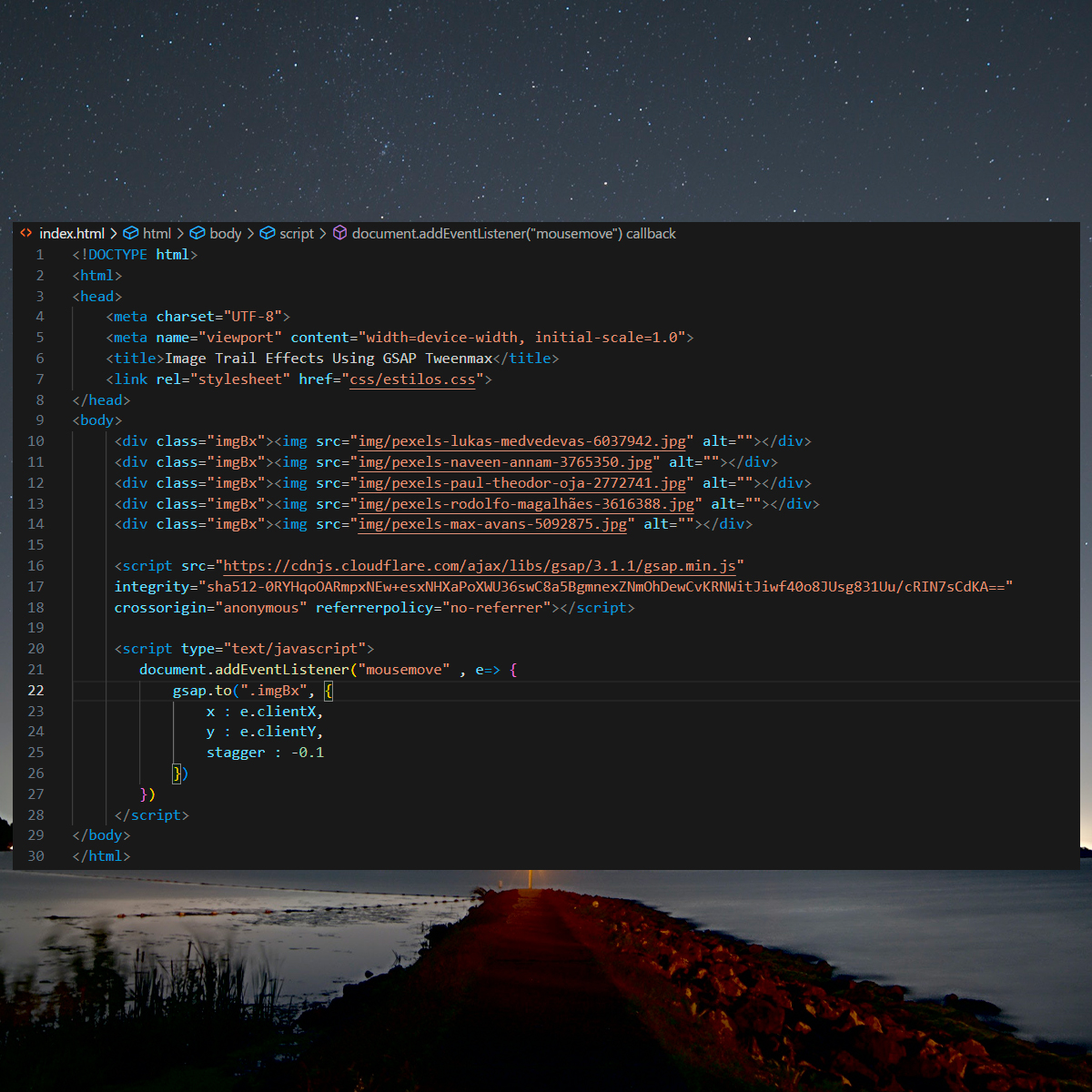 Leman7Marketing's tweet photo. Image Trail Effects Using GSAP Tweenmax

#coding #codinglife #HTML #html5 #CSS #javascript #FrontEnd #vscode #fypシ #webdev #programming #programacion https://t.co/9Dd9gVOYCp