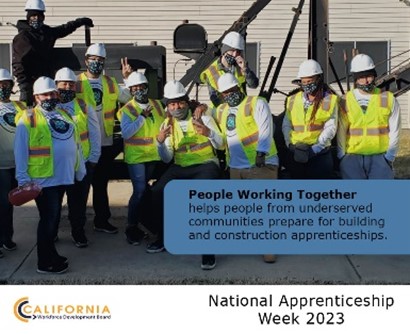 <a href="/CA_WorkforceDev/">California Workforce Development Board</a> celebrates #NAW2023 and its focus on expanding apprenticeships to underserved populations. Our HRTP partner <a href="/PWT916/">PeopleWorkingTogether</a> does just that by targeting populations like immigrants and economically disadvantaged for their pre-apprenticeship programs.