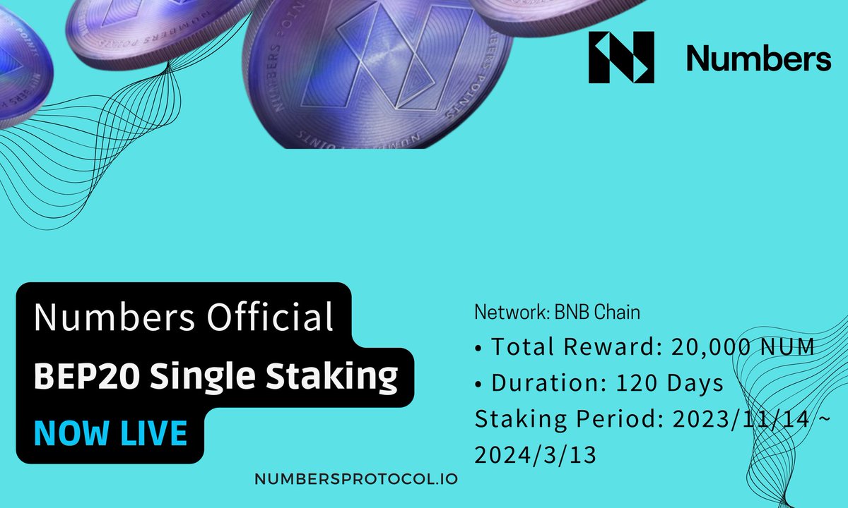 pablobtc46883's tweet image. Now available is Numbers brand-new official BEP20 single #staking pool!

BSC is the network.
Duration: 120 days.
Reward: 20K NUM. 
APY Estimate: 10%
Launch: Nov. 14, 2023, 13:00 UTC

Stake via: app.num.network/staking-bep-004

Tutorial👇
medium.com/numbers-protoc…

#ProvenanceTool $NUM