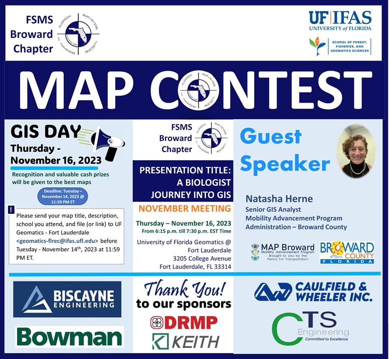 UF Geomatics at Fort Lauderdale (@ufgeomatics) on Twitter photo Join our next FSMS Broward Chapter meeting on Thu Nov 15, 6:15-7:30pm at UF’s FLREC Davie campus. Natasha Herne, Senior GIS Analyst with Broward County, presents: "A Biologist Journey into GIS". RSVP to geomatics-flrec@ifas.ufl.edu
<a href="/FSMS_FL/">FSMS</a> <a href="/SFFGS_UF/">UF School Forest, Fisheries, & Geomatics Sciences</a> <a href="/UFIFAS_FLREC/">UF/IFAS FLREC</a> Join our next FSMS Broward Chapter meeting on Thu Nov 15, 6:15-7:30pm at UF’s FLREC Davie campus. Natasha Herne, Senior GIS Analyst with Broward County, presents: "A Biologist Journey into GIS". RSVP to geomatics-flrec@ifas.ufl.edu
<a href="/FSMS_FL/">FSMS</a> <a href="/SFFGS_UF/">UF School Forest, Fisheries, & Geomatics Sciences</a> <a href="/UFIFAS_FLREC/">UF/IFAS FLREC</a>