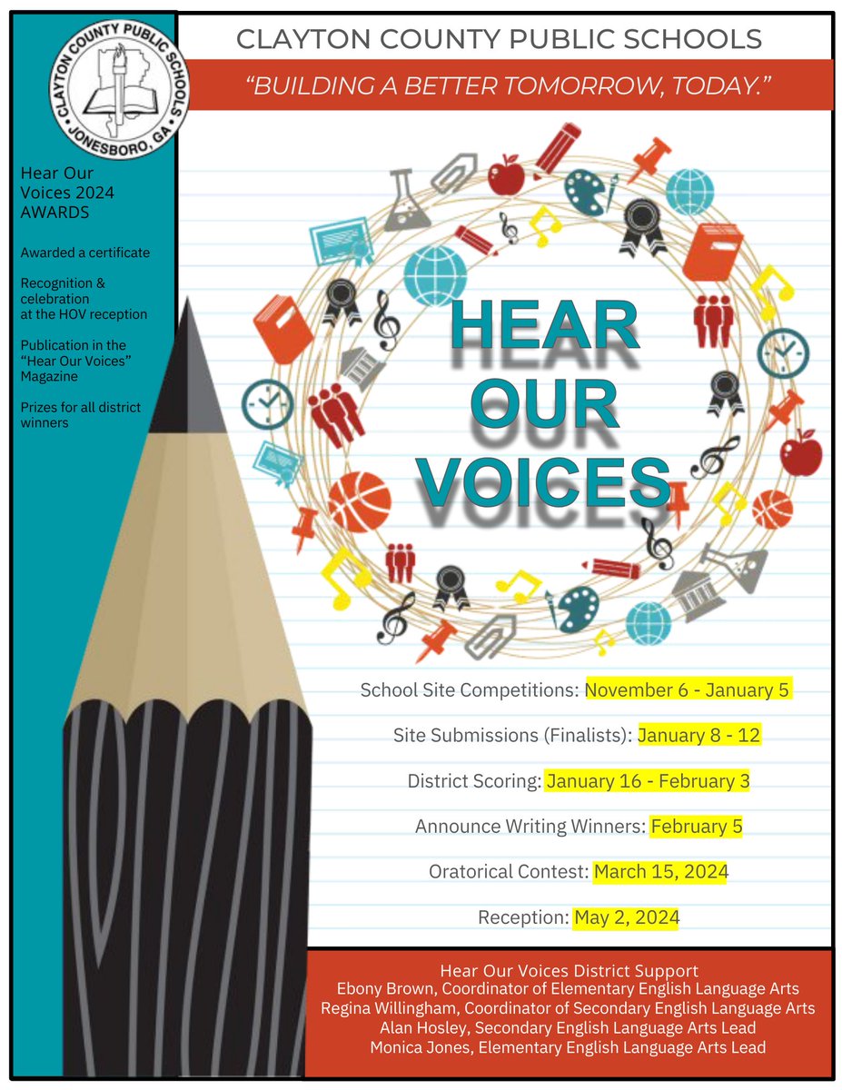 The Hear Our Voices Literary Competition encourages scholars in kindergarten through 12th grade to create original works through either written or oral presentations. 

If you are interested please reach out to your ELA Teacher for the next steps !!!