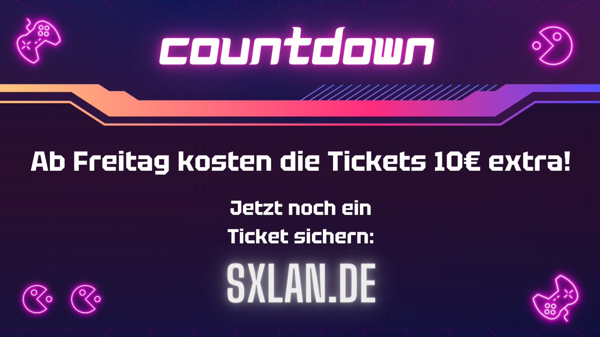 Letzte Chance, ein SX28-Ticket zum Standardpreis zu kaufen! Ab Freitag kosten alle Tickets 10€ extra!
Infos und Tickets zur LAN gibt es unter sxlan.de

#LAN #SX28 #gaming #sundxplosion