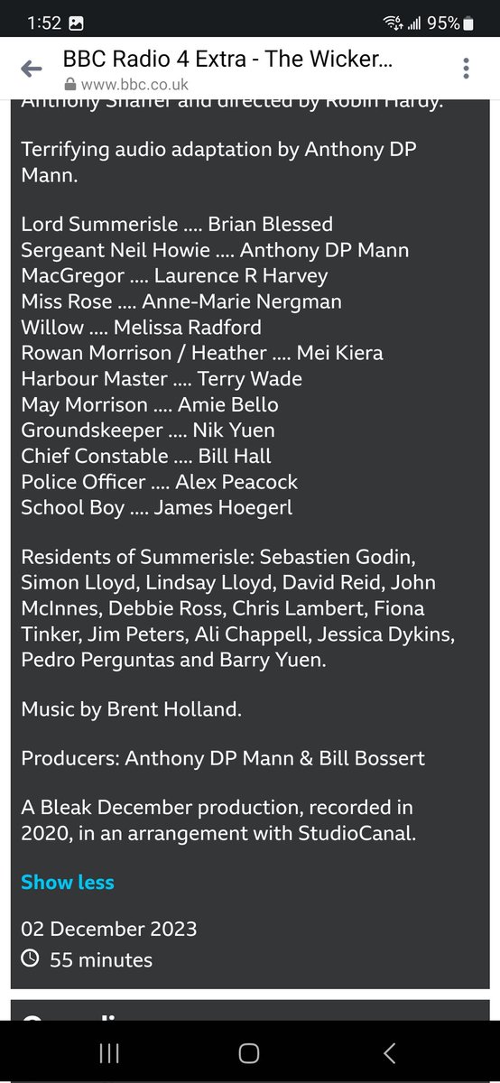 I'm thrilled to share that Bleak December's audio adaptation of "The Wicker Man" - starring <a href="/brianblessed/">Brian Blessed OBE</a>, yours truly, <a href="/LaurenceRHarvey/">Laurence R Harvey</a>, and a wonderful supporting cast of Eastern Ontario / International talent - will be broadcast on <a href="/BBCRadio4Extra/">BBC Radio 4 extra</a> later this year! #PROUD!!