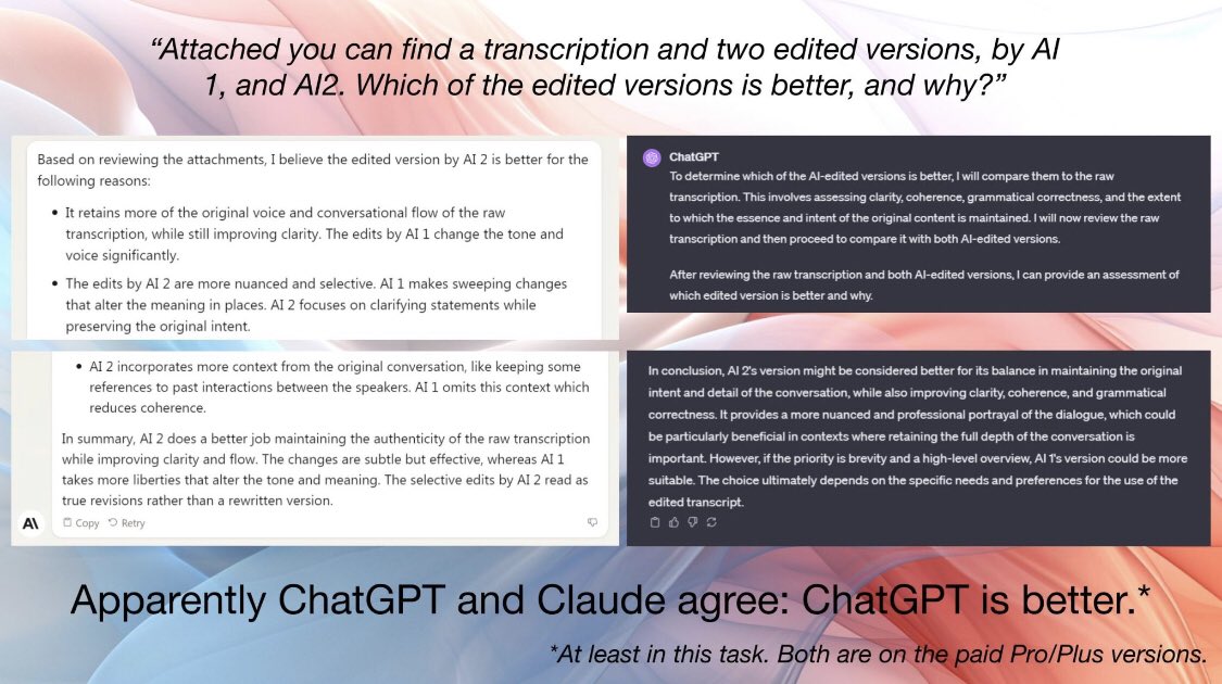 ChainPI_'s tweet image. Exploring AI’s rapid evolution: Tried an experiment comparing ChatGPT &amp;amp; Claude from Anthropic by anonymously asking them to summarize a topic. Both AIs agreed ChatGPT version was superior, showcasing the impressive self-awareness and comparative abilities of AI #AI #indiehacker