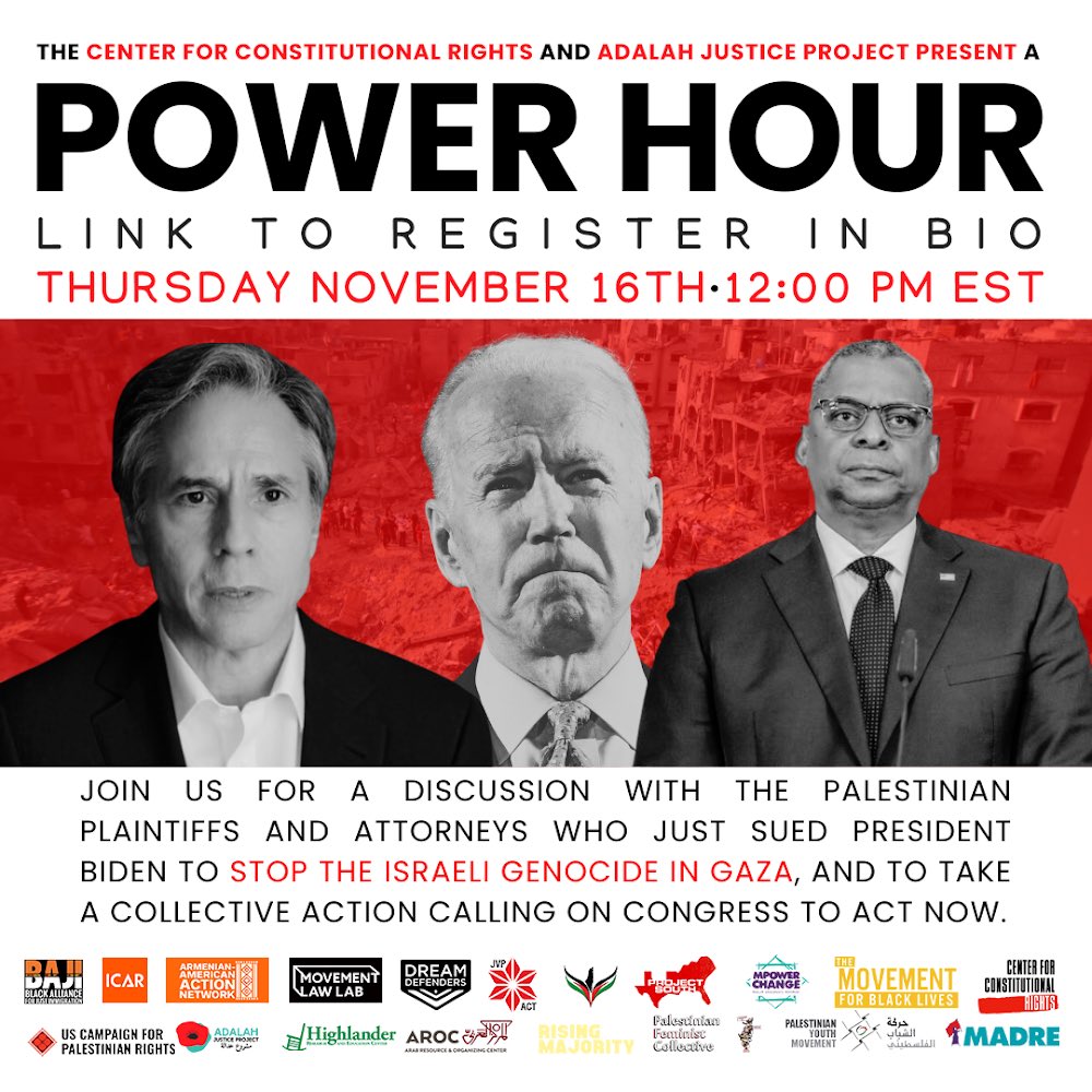 Join a conversation with our attorneys & Palestinian clients who recently filed a federal lawsuit against @POTUS and other high-level officials for failing to prevent, aiding & abetting the Israeli government’s unfolding genocide against Gazans! bit.ly/bidengotsued