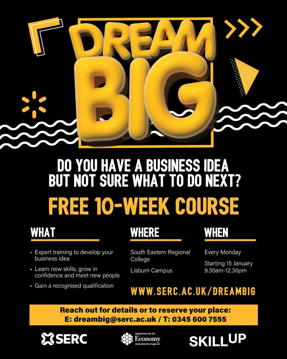 SERC are offering aspiring entrepreneurs a 𝗙𝗥𝗘𝗘 course in the new year to set them on the path to running their own business. 

📅 Start Date: Monday 15 January 2024
⏰️ 9.30am-12.30pm
📆 10 weeks
📍 Lisburn Campus

ow.ly/ASYk50PNjuU 

#BetterOffAtSERC