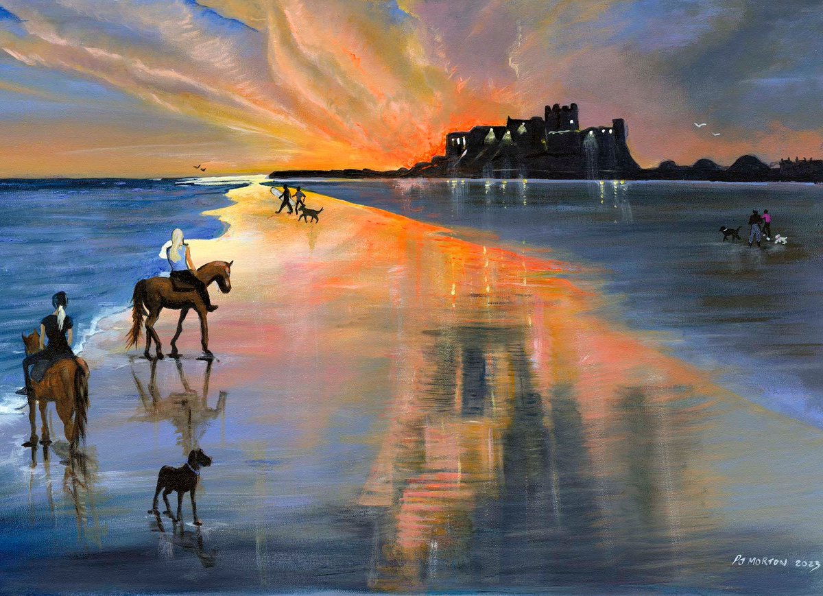 Reflective Bamburgh by Pam Morton buff.ly/47l1Gu6 #Northumberland #BamburghBeach #BamburghCastle Signed limited edition prints available with Free UK mainland delivery.