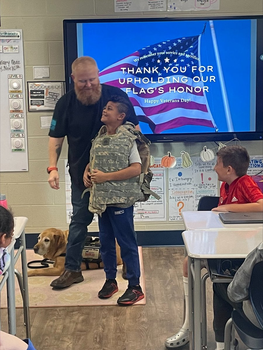 CaldwellSchools's tweet photo. Caldwell County Elementary School teacher Erin Brown had a very special guest in her classroom on Friday for Veterans Day. The special guest was her father, Scott Hughes, an Amry veteran. Mr. Hughes, thank you for sharing your experience with our students. #VeteransDay2023 https://t.co/W8qcl96sak