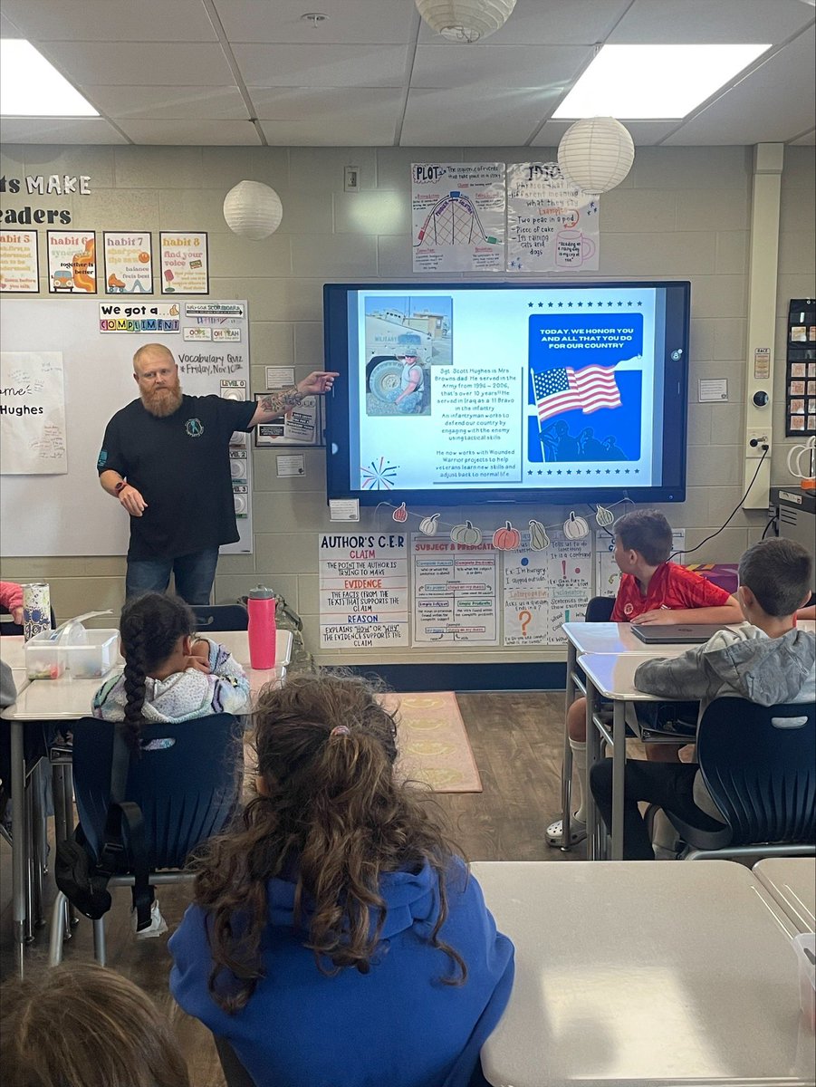 CaldwellSchools's tweet photo. Caldwell County Elementary School teacher Erin Brown had a very special guest in her classroom on Friday for Veterans Day. The special guest was her father, Scott Hughes, an Amry veteran. Mr. Hughes, thank you for sharing your experience with our students. #VeteransDay2023 https://t.co/W8qcl96sak