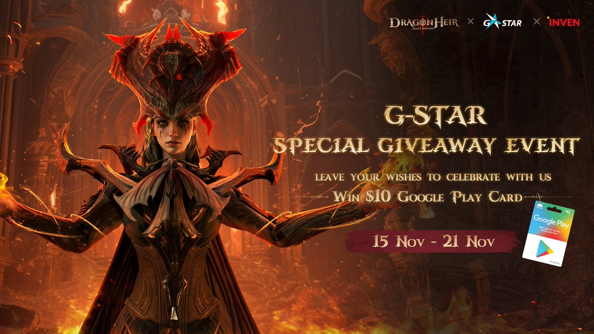 🌟Hi Travelers, we'll be in G-STAR 2023 on Nov 16! And we've prepared a G-STAR Giveaway event for all Travelers. Join us on: game.naver.com/lounge/Dragonh… and you may have a chance to win $10 Google Play gift cards! #dragonheir #dragonheirsilentgods #downloadnow #luckydraw #giveaway…