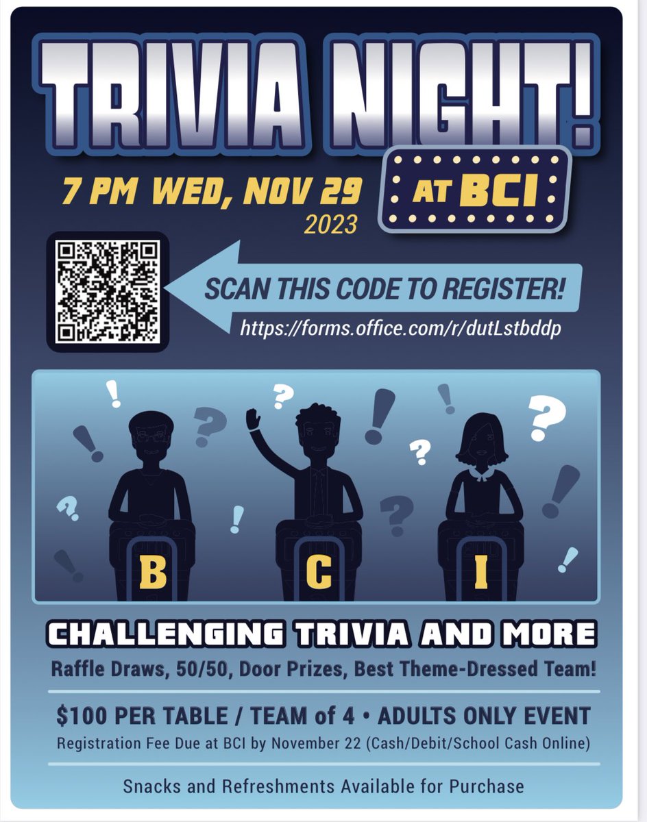 BCI Mustangs (@bcivs) on Twitter photo BCI Trivia Night - November 29 at 7 pm. Register a team of 4 now! Tons of fun! Fundraiser for a new Learning Commons. So many raffle prizes to be won as well đ Check the flyer for link to register. forms.office.com/r/dutLstbddp
<a href="/GEDSB/">Grand Erie District School Board</a> BCI Trivia Night - November 29 at 7 pm. Register a team of 4 now! Tons of fun! Fundraiser for a new Learning Commons. So many raffle prizes to be won as well đ Check the flyer for link to register. forms.office.com/r/dutLstbddp
<a href="/GEDSB/">Grand Erie District School Board</a>