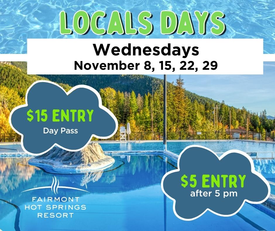 📷 Wed Nov 15, 22 &amp; 29 are Locals Days.
$15 - All Day Pass
$5 - Soak after 5 pm.
See you at the Hot Springs! 📷
Hours are 9 am - 9 pm daily.
#travelcolumbiavalley #columbiavalley #invermere #invermerebc #livecolumbiavalley #radiumhotsprings #fairmonthotsprings #FHSR
