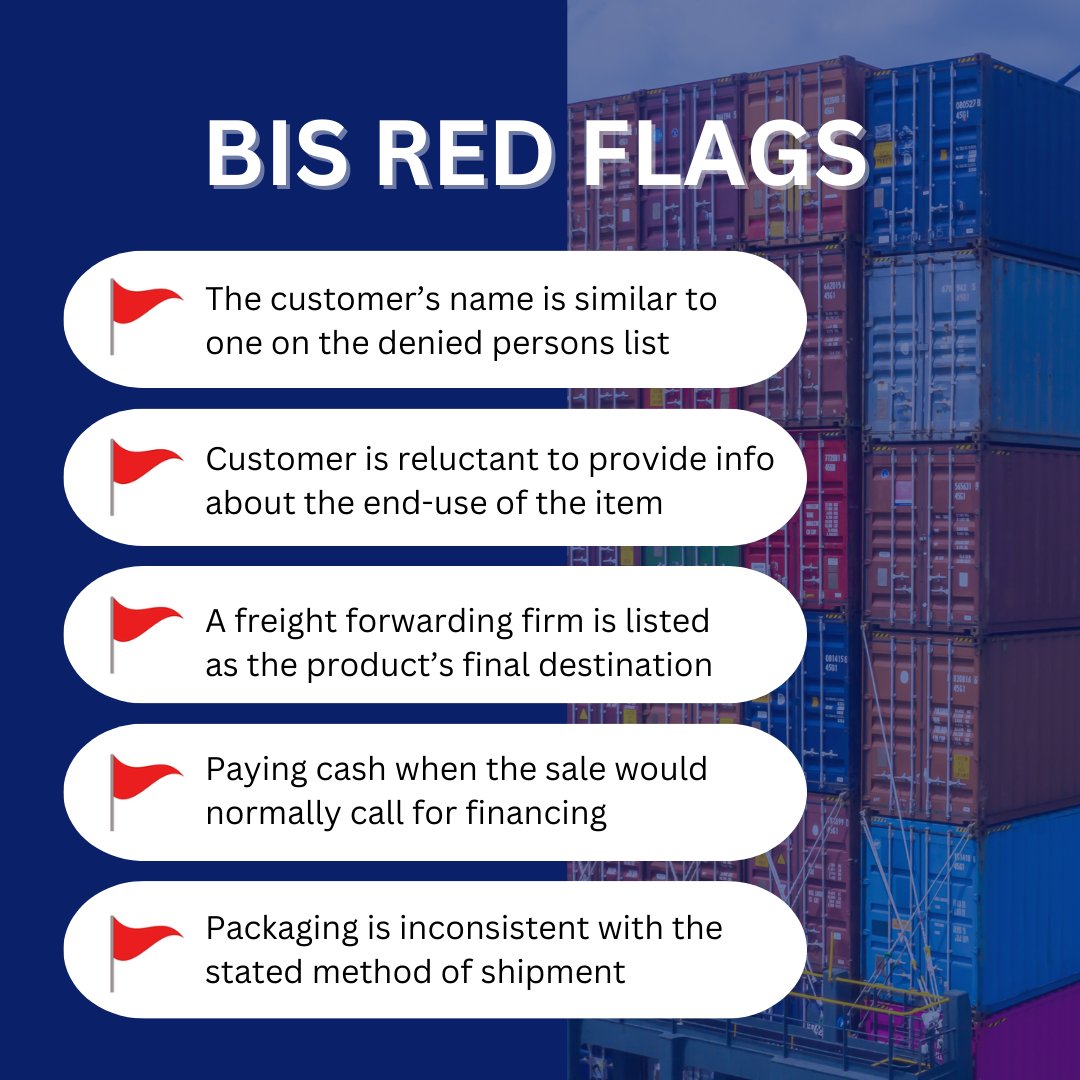 BIS provides a list of red flag indicators - things that companies should look out for in export transactions to spot a potential EAR violation. 
 
See the full list here bit.ly/46i0mHB
 
#BIS #redflag #export #exports #trade #tradelaw #tradelawyer #lawyer #diazlaw