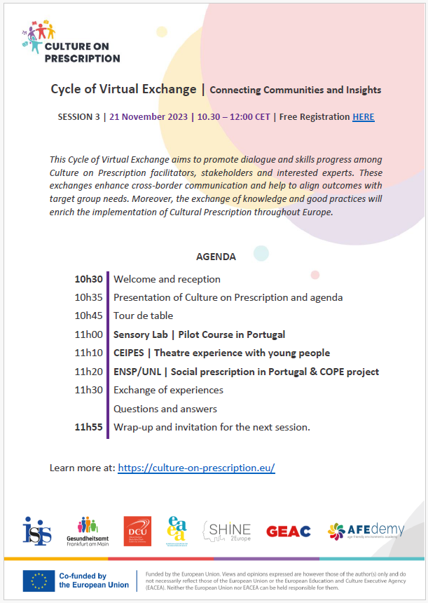 📢<a href="/ENSP_UNL/">ENSP NOVA</a> will showcase our project at the #cultureonprescription Cycle of Exchange! 🤝 on Nov 21, 2023, at 10:30 am CET. Let's connect and share experiences on social and cultural prescribing. 🌱🤗 Register for free: culture-on-prescription.eu/cycle-of-virtu…