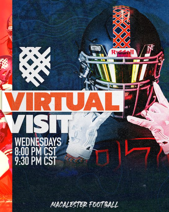 MacalesterFB's tweet photo. Don't miss out on our VIRTUAL Junior Days!

Sign up &amp; take the first step towards becoming a future Scot 🪓 

⏰ 8:00 PM CST
⏰ 9:30 PM CST

Use the link below to register!

https://t.co/vuwR1MLZkS

#Outsiders #OneBlood 

#VirtualVisit #CollegeFootballRecruitment https://t.co/LsQa35ctXX
