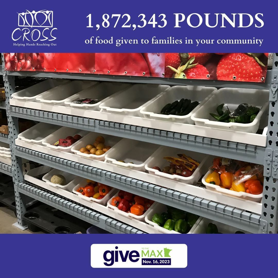 Because of donors like you, CROSS Services has given 1,872,343 POUNDS of food to families in your community. Make a difference give to the max buff.ly/3Sr3bTj

#GTMD23 #Givelocal #MNcharity