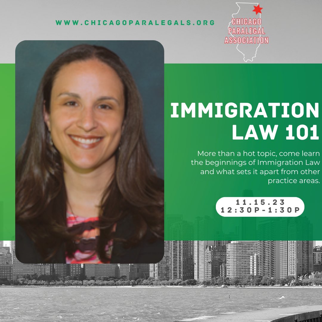 Interested in Immigration law? Join an exciting webinar and enhance your understanding of this dynamic area of law with attorney Kiki Mosley! Today at 12:30 p.m. to 1 p.m. chicagoparalegals.org/event-5480501
