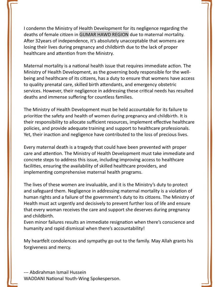 Abdirahmn_Shine's tweet photo. Letter of Condemnation to Somaliland's Ministry of Health Development. For their negligence, women died in #HAWDREGION as a result of Maternal Mortality. 😢
#MaternalMortality
@SomalilandMoHD
@WHOSom https://t.co/1T2VL4MKlt