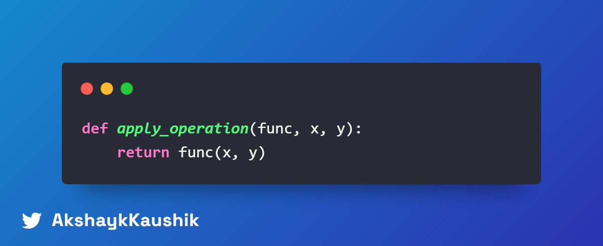 AkshaykKaushik's tweet image. [7/9] Python supports higher-order functions. Functions that take functions as arguments or return them. The possibilities are endless!😃

#HigherOrderFunctions #PythonCoding
