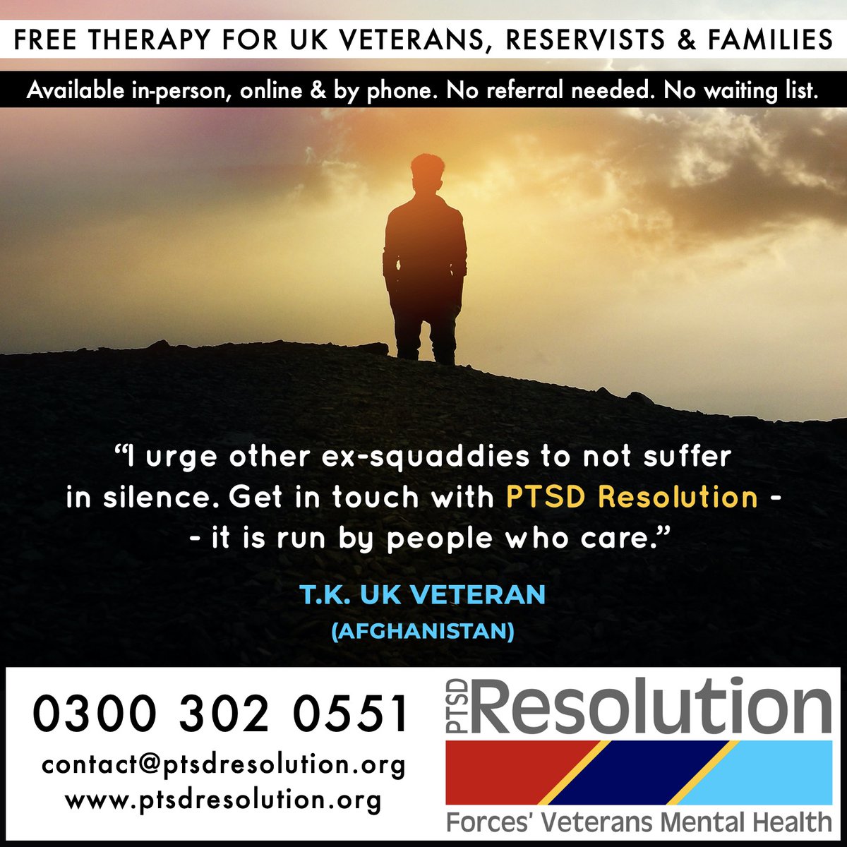 PTSD Resolution (@ptsdresolution) on Twitter photo Can we ask for 2 seconds of your time? Just by reposting you can help #PTSDResolution reach that UK Veteran who needs our help right now 🙏
Remembrance Day may be over, but many continue to live with trauma
☎ 0300 302 0551
📧 contact@ptsdresolution.org
#VeteransMentalHealth Can we ask for 2 seconds of your time? Just by reposting you can help #PTSDResolution reach that UK Veteran who needs our help right now 🙏
Remembrance Day may be over, but many continue to live with trauma
☎ 0300 302 0551
📧 contact@ptsdresolution.org
#VeteransMentalHealth